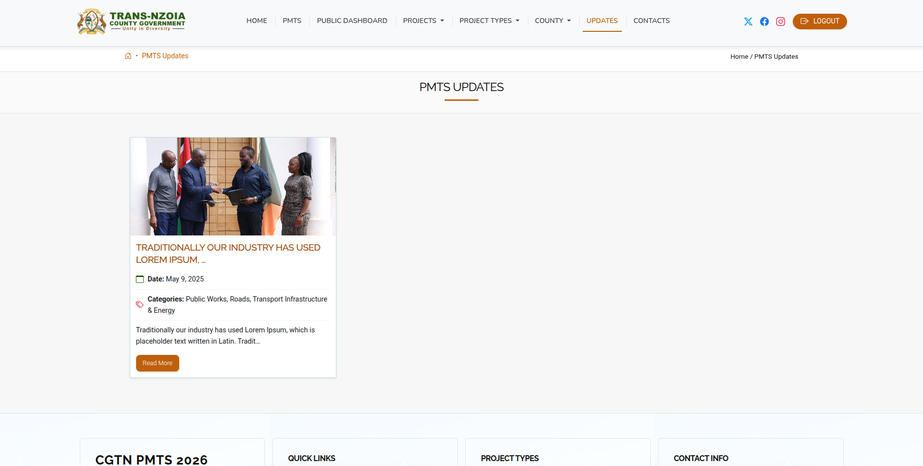 Public Updates page showing county news posts
