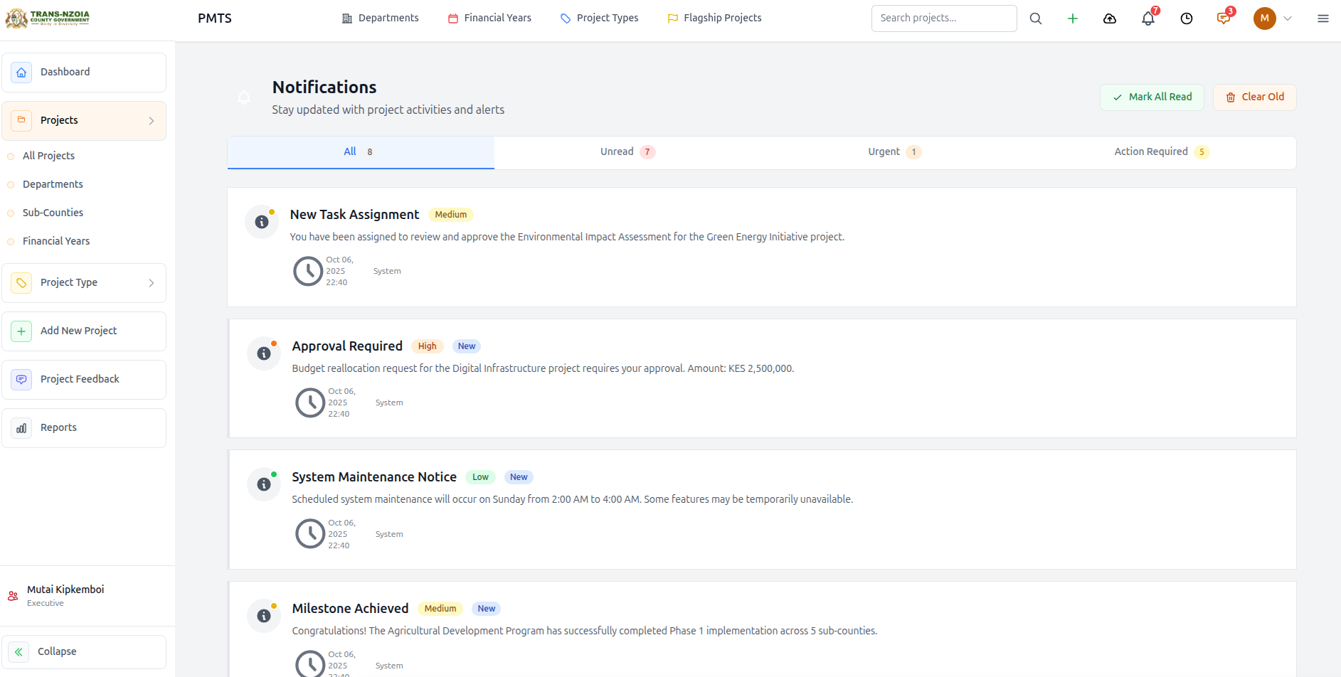 Staff notifications list with filter tabs