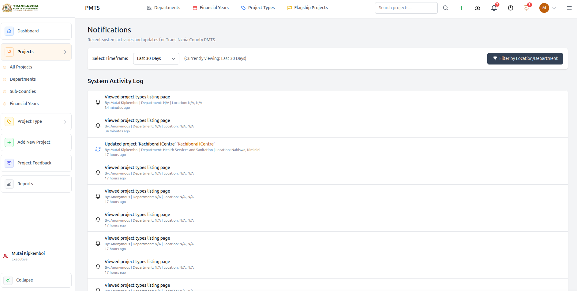 System activity log with timeframe and department filters