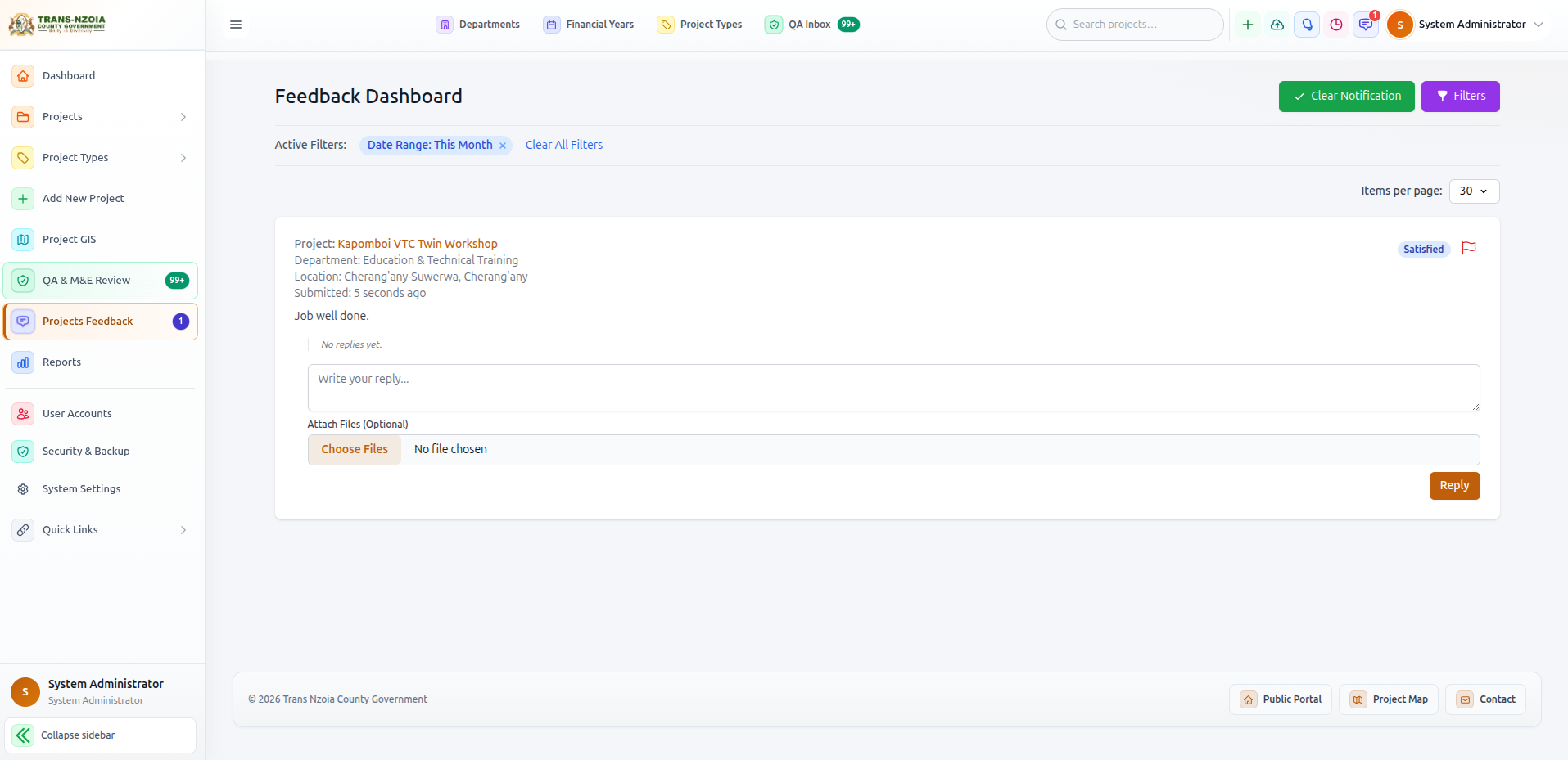 Projects Feedback dashboard with filters and reply tools