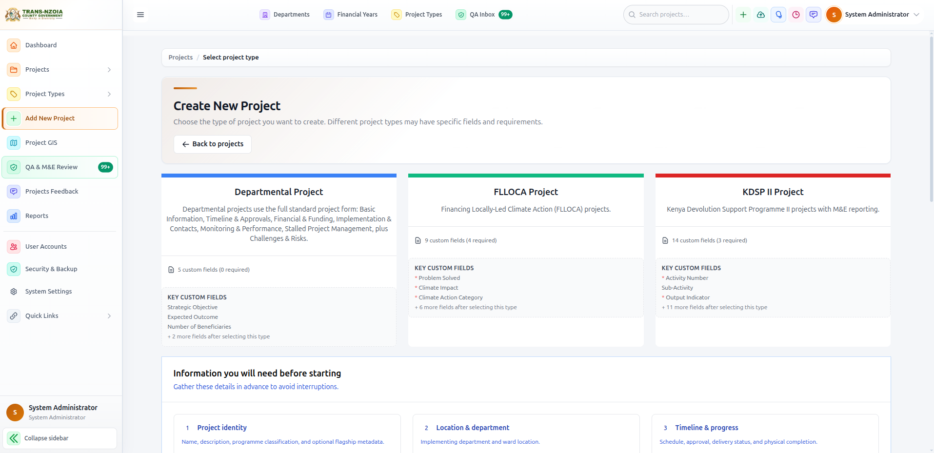 Add New Project — select project type screen