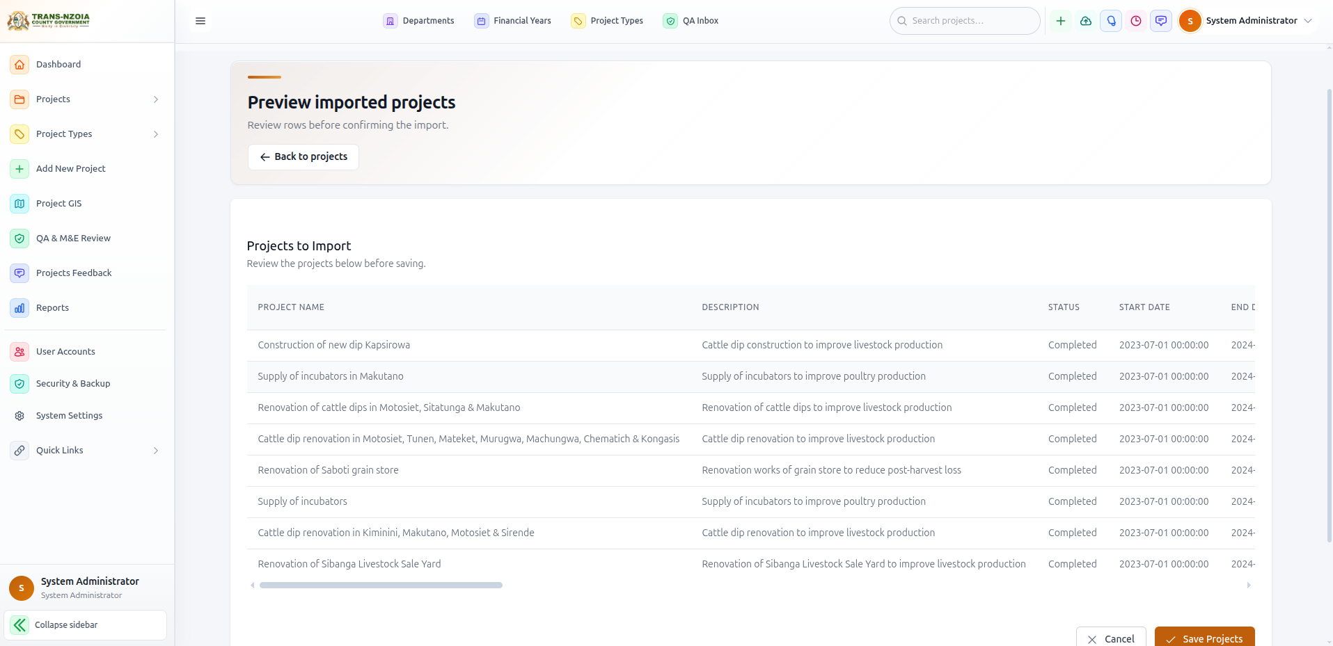 Preview imported projects before saving