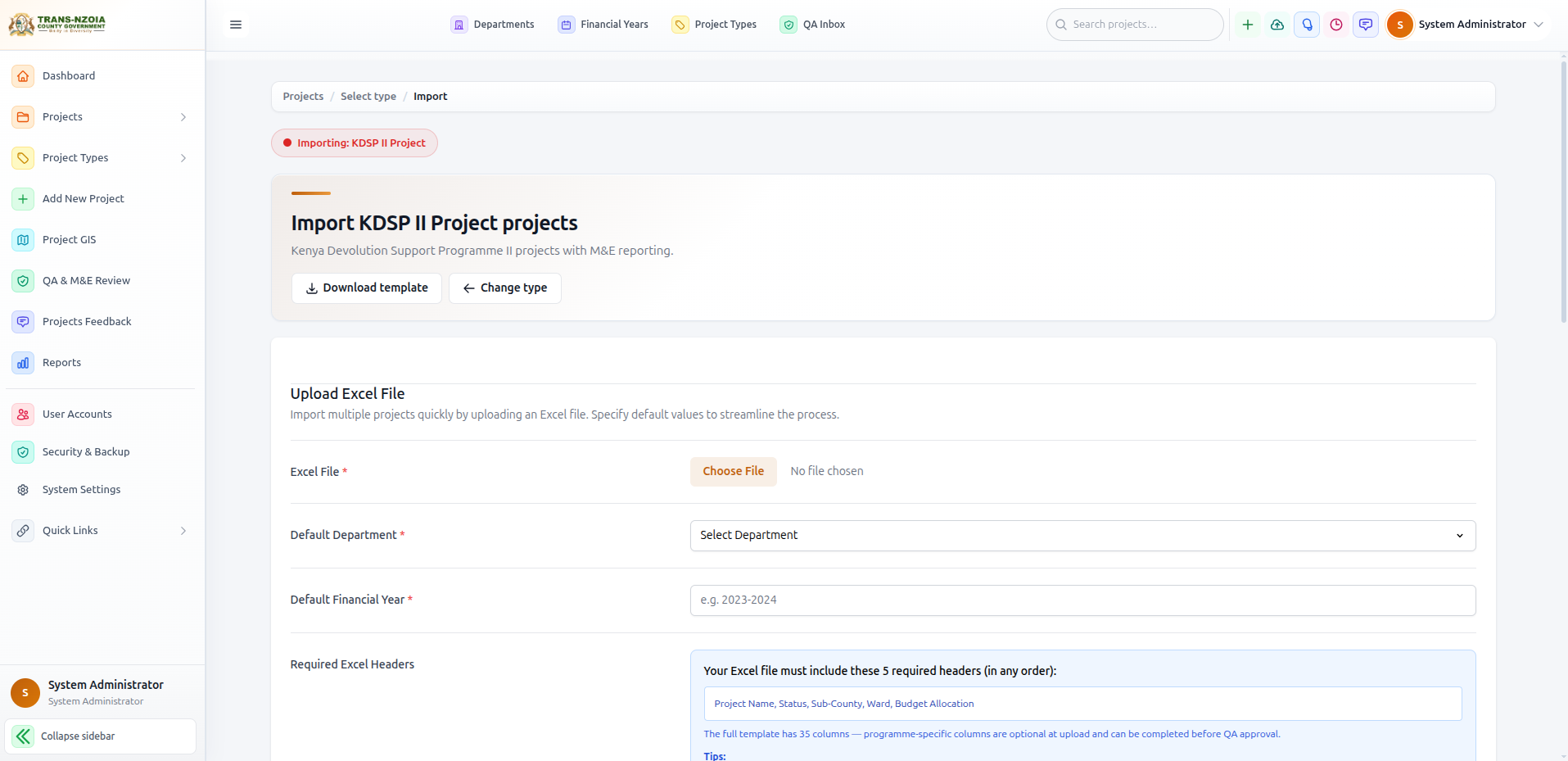 Bulk import projects upload screen