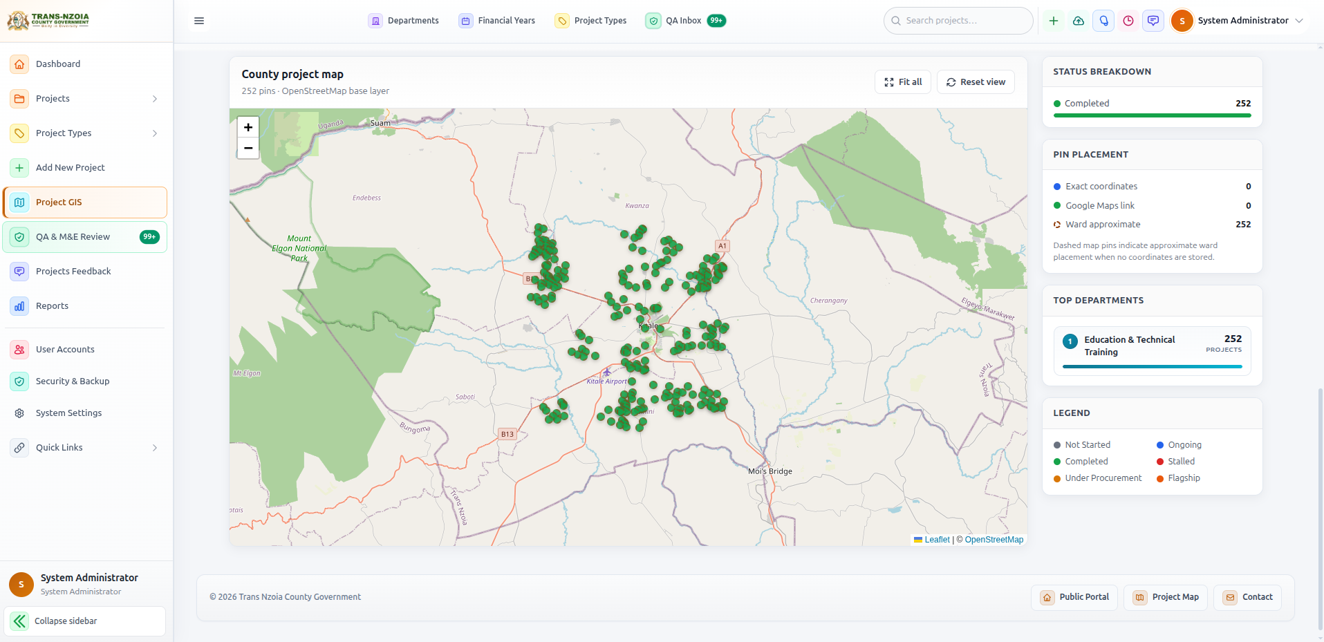 County Projects GIS map with filters and legend