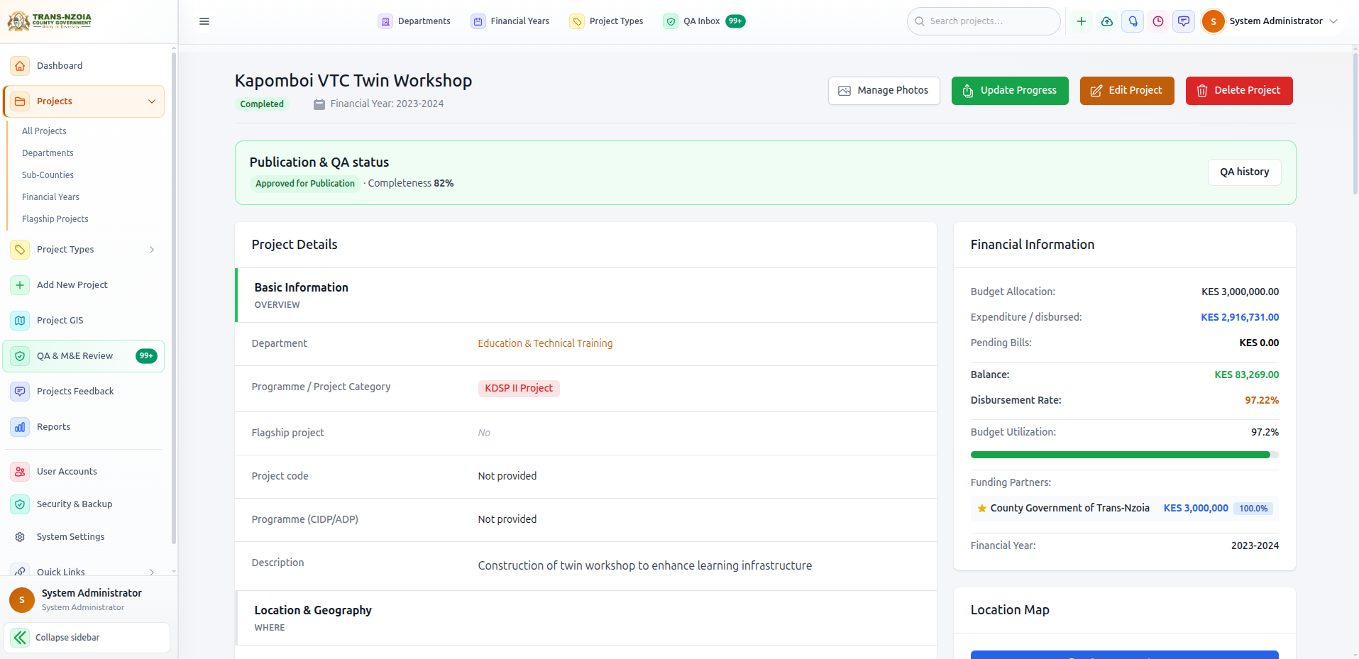 Staff project detail page with tabs and action buttons