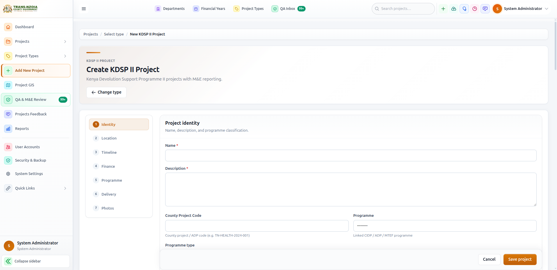 Project creation form with core and programme-specific fields