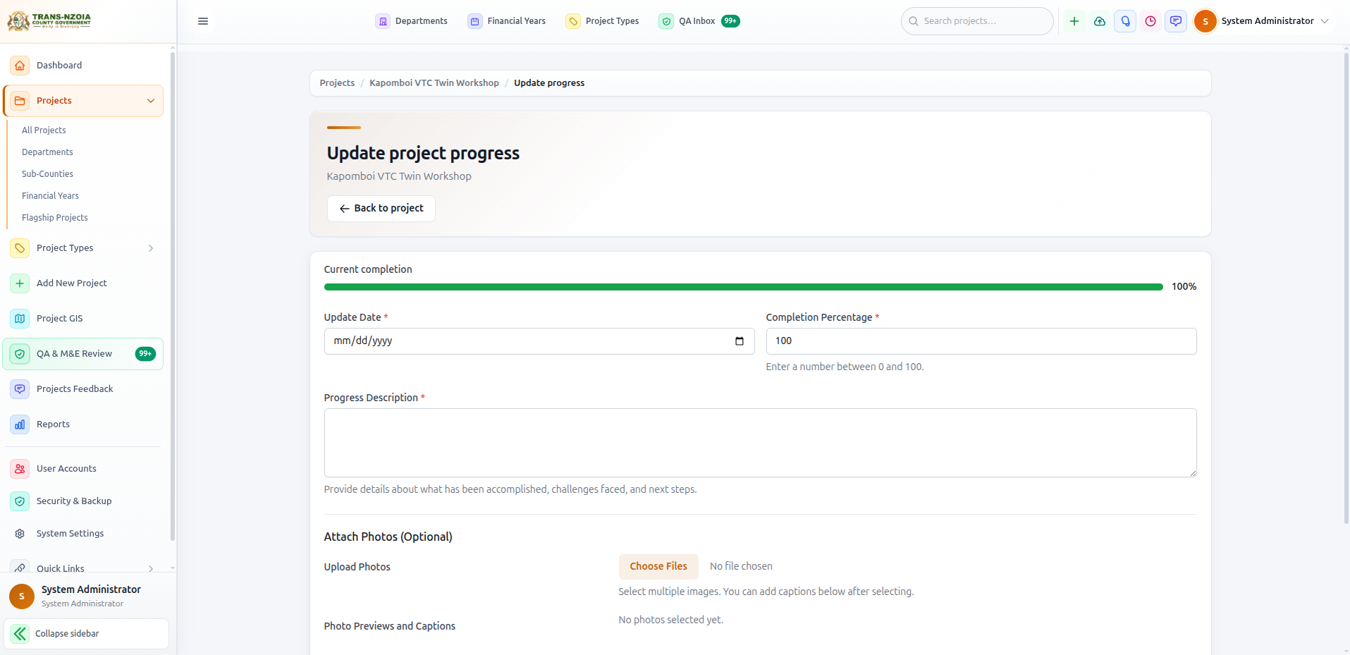 Update project progress form
